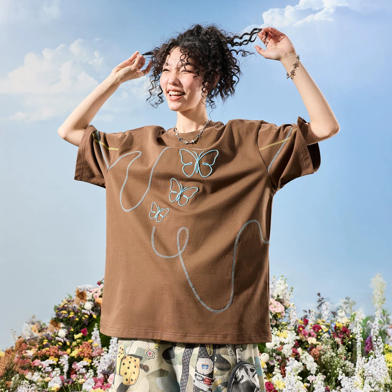 Nuthink American retro trendy brand embroidered butterfly Hasselblad thread cool short sleeved men's T-shirt women 2026 new summer