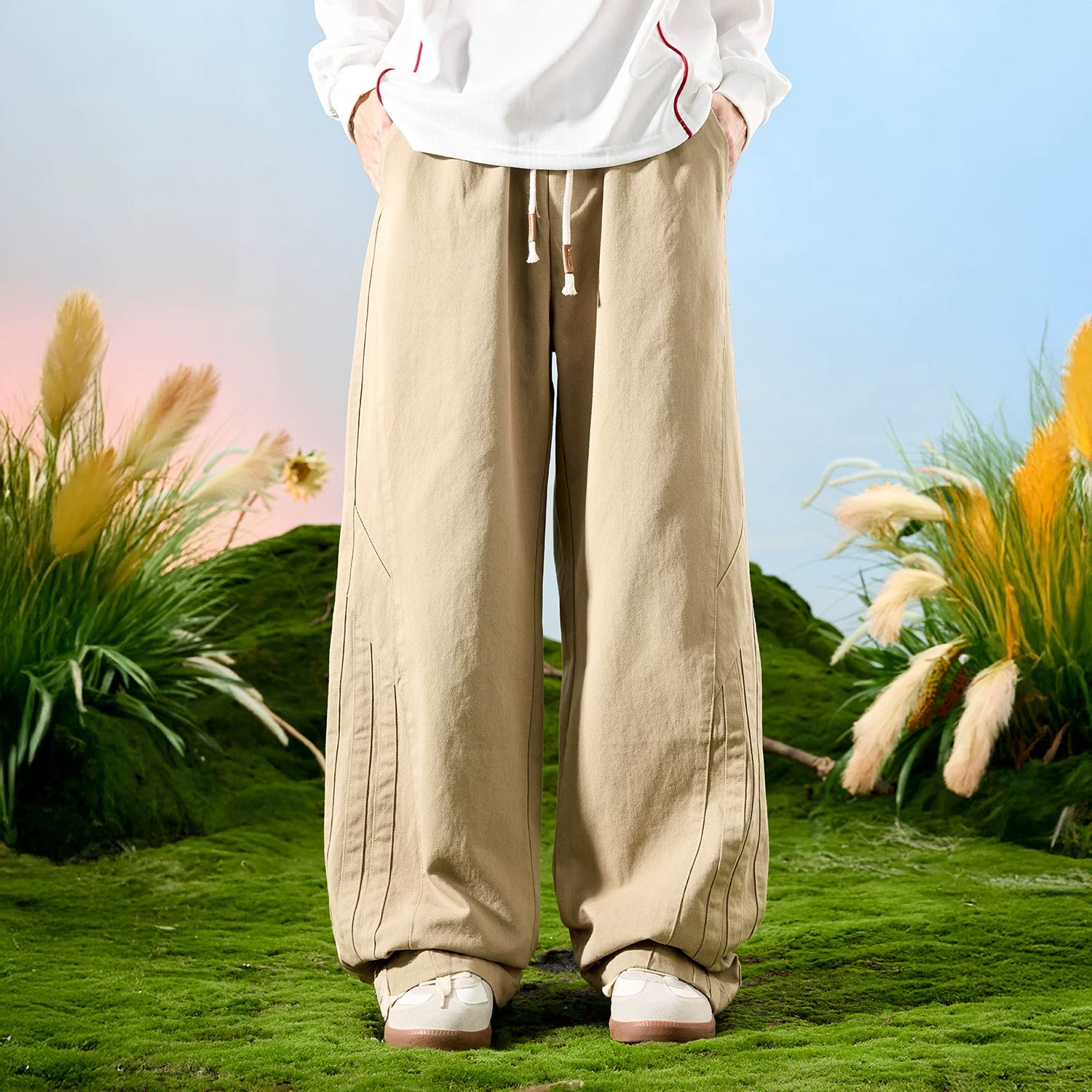 Nuthink American retro street splicing wide leg curved knife work pants with fleece pants for men, spring 2026