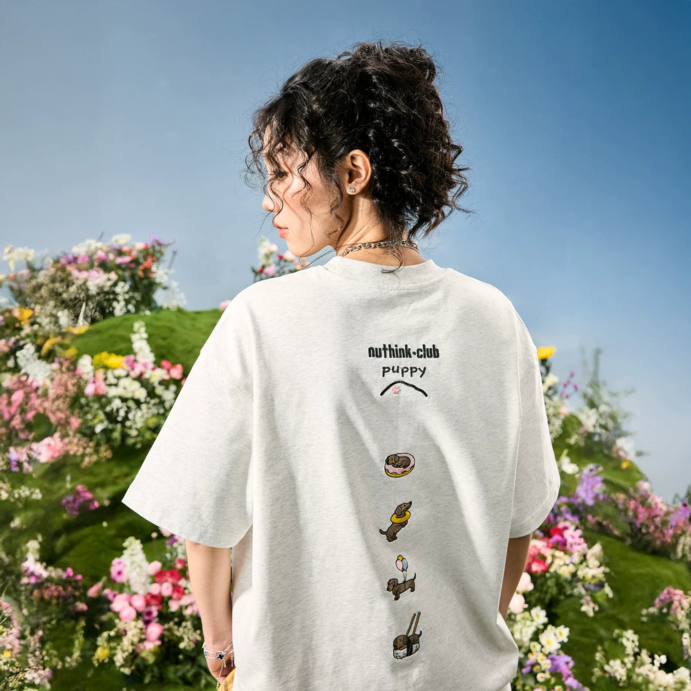 Nuthink American Embroidery Sausage Dog Dog T-shirt Men's Short Sleeve Women's Couple Letter 2026 Summer New Edition