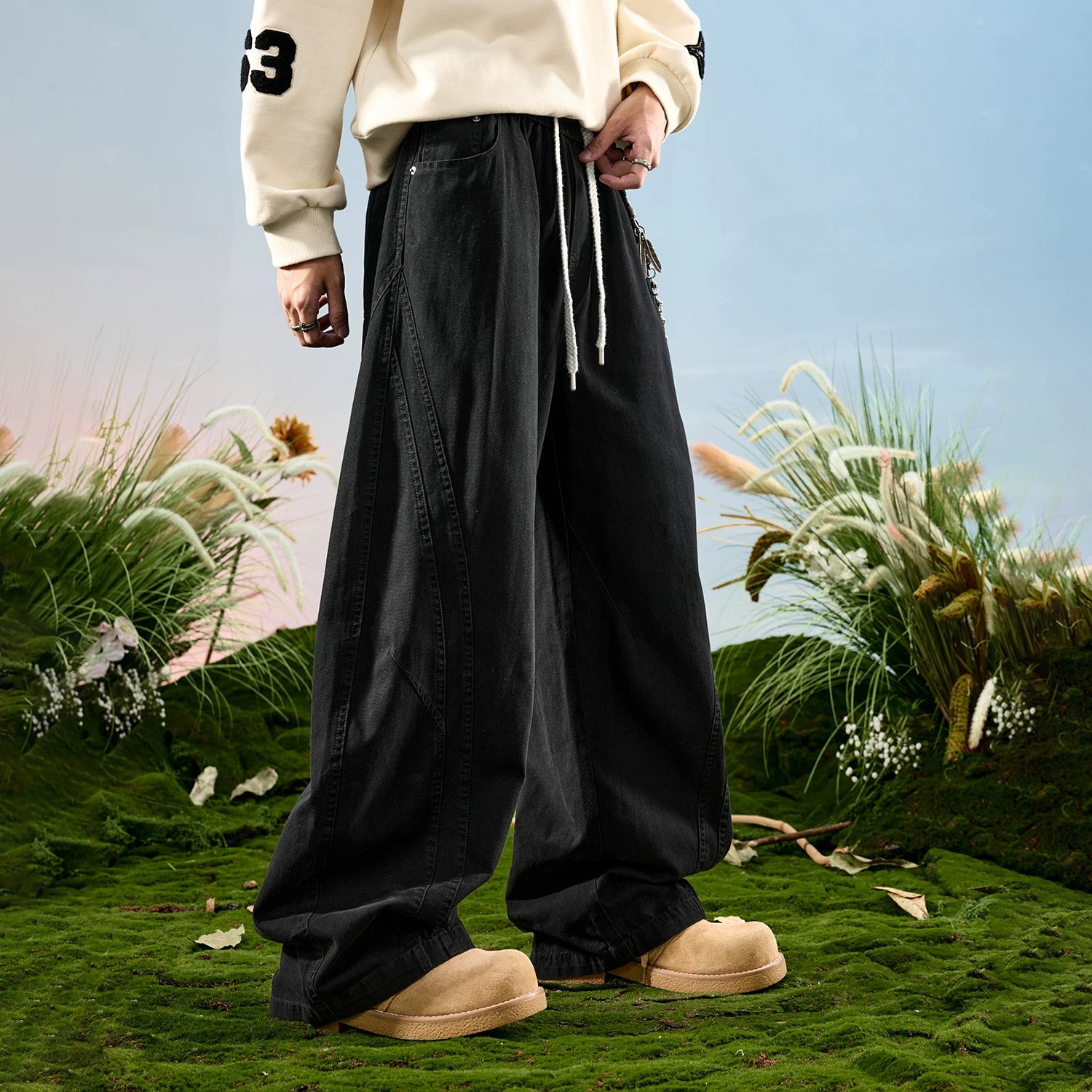 Nuthink American retro workwear wide leg curved knife pants spliced loose drawstring pants men's new model for spring 2026