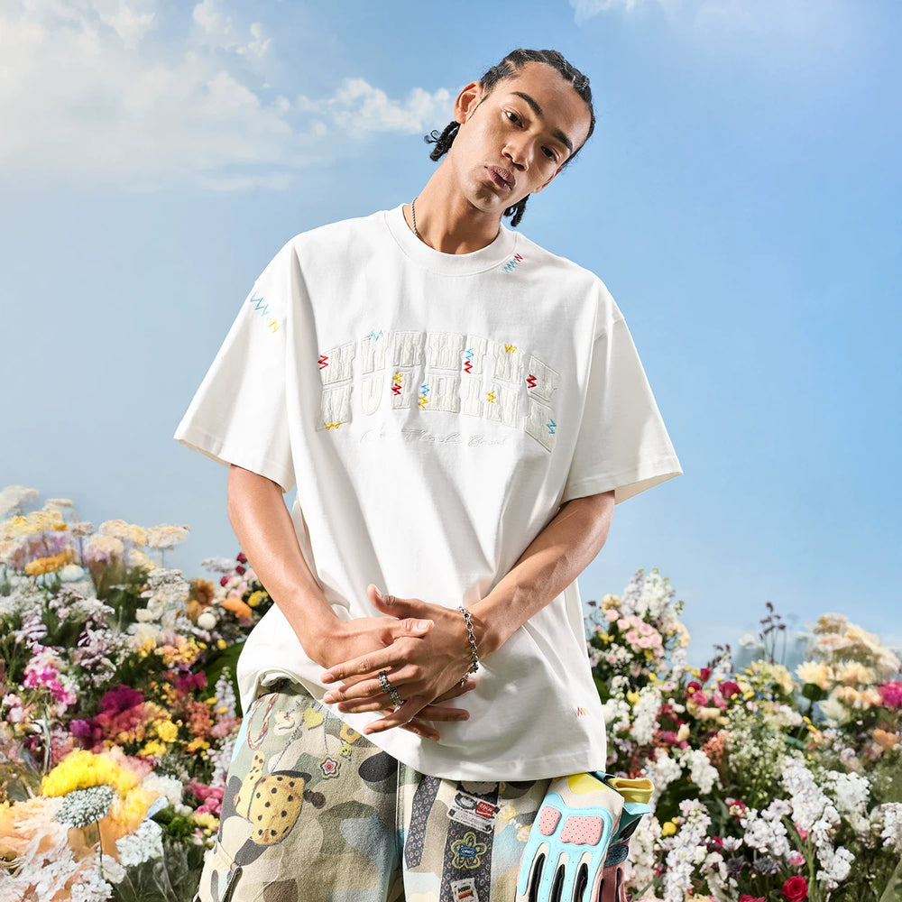 Nuthink American Trendy Brand Heavy Industry Embroidered Alphabet Color blocked Short sleeved T-shirt for Men and Women, High End 2026 New Summer Edition