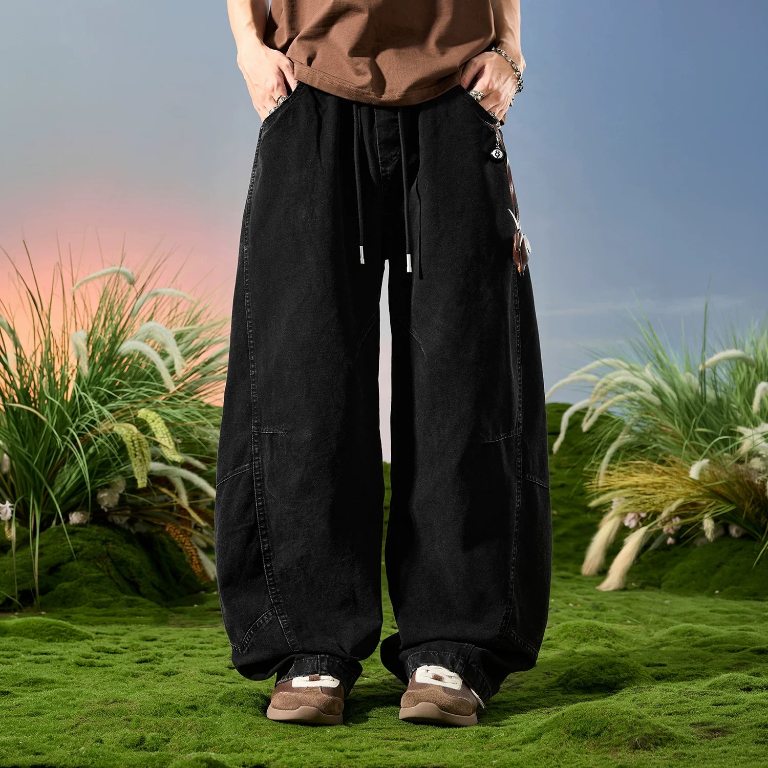 Nuthink American Retro Trendy Brand Hanging Wide Leg Pants Bending Knife Pants Men's Drawstring Pants 2026 New Summer
