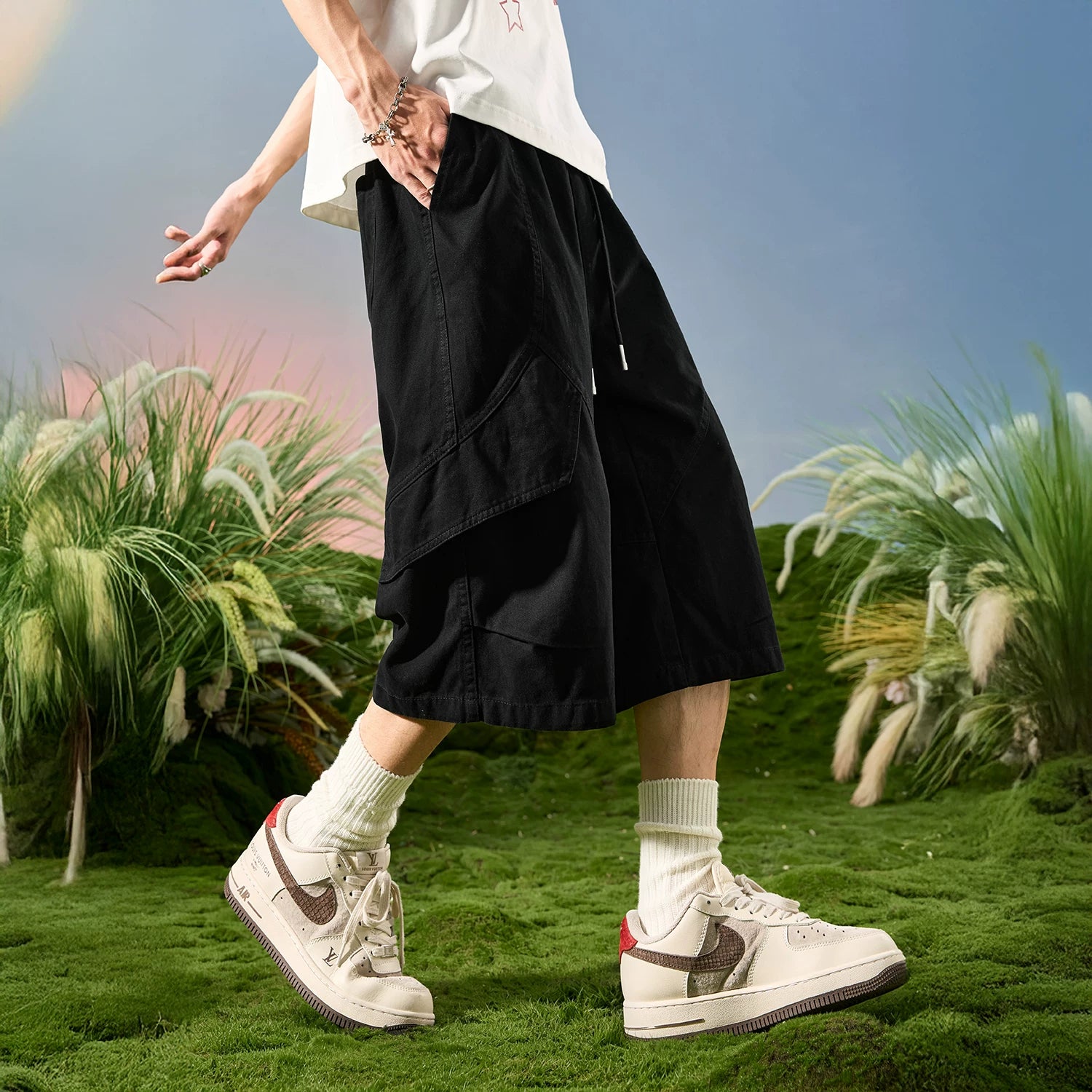 Nuthink American Trendy Brand Loose Wide Leg Seven Leg Splicing Multi Pocket Shorts for Men, 2026 New Summer Collection