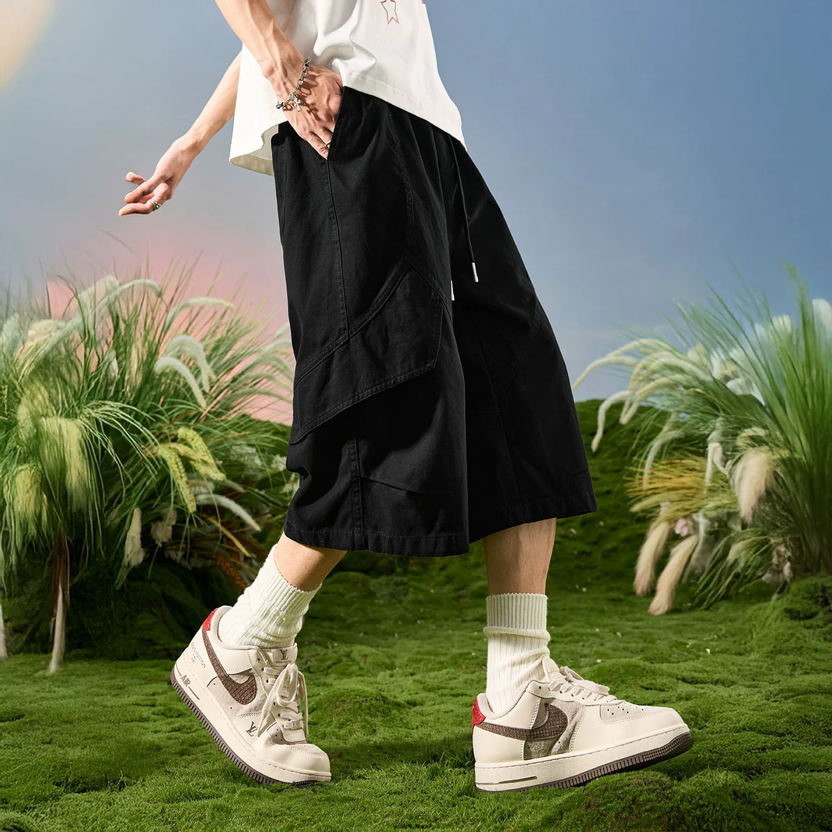 Nuthink American Trendy Brand Loose Wide Leg Seven Leg Splicing Multi Pocket Shorts for Men, 2026 New Summer Collection
