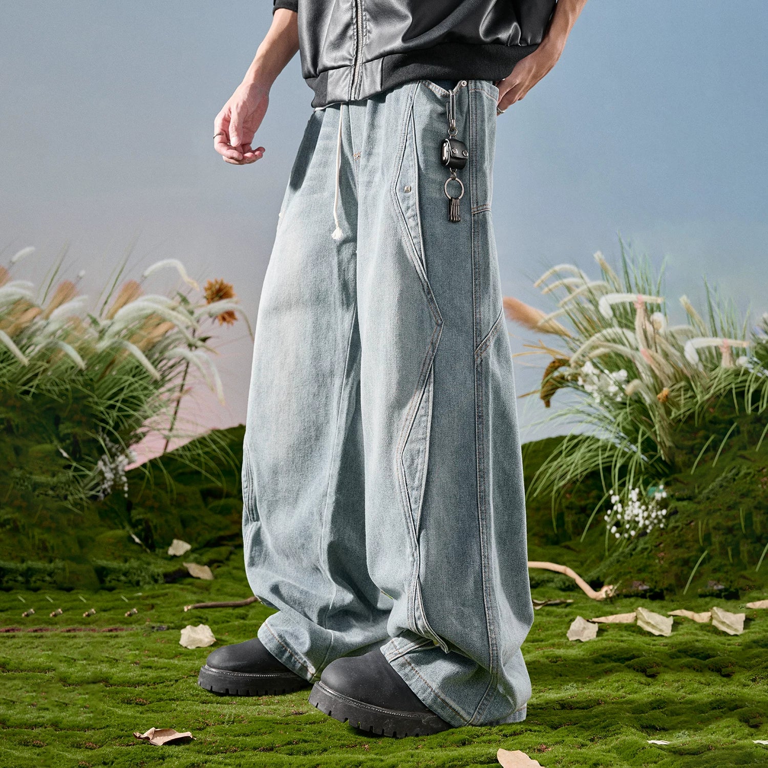 Nuthink American Retro Splicing Wide Leg Jeans, Washed and Used Crooked Pants, Men's Long Pants, Spring 2026