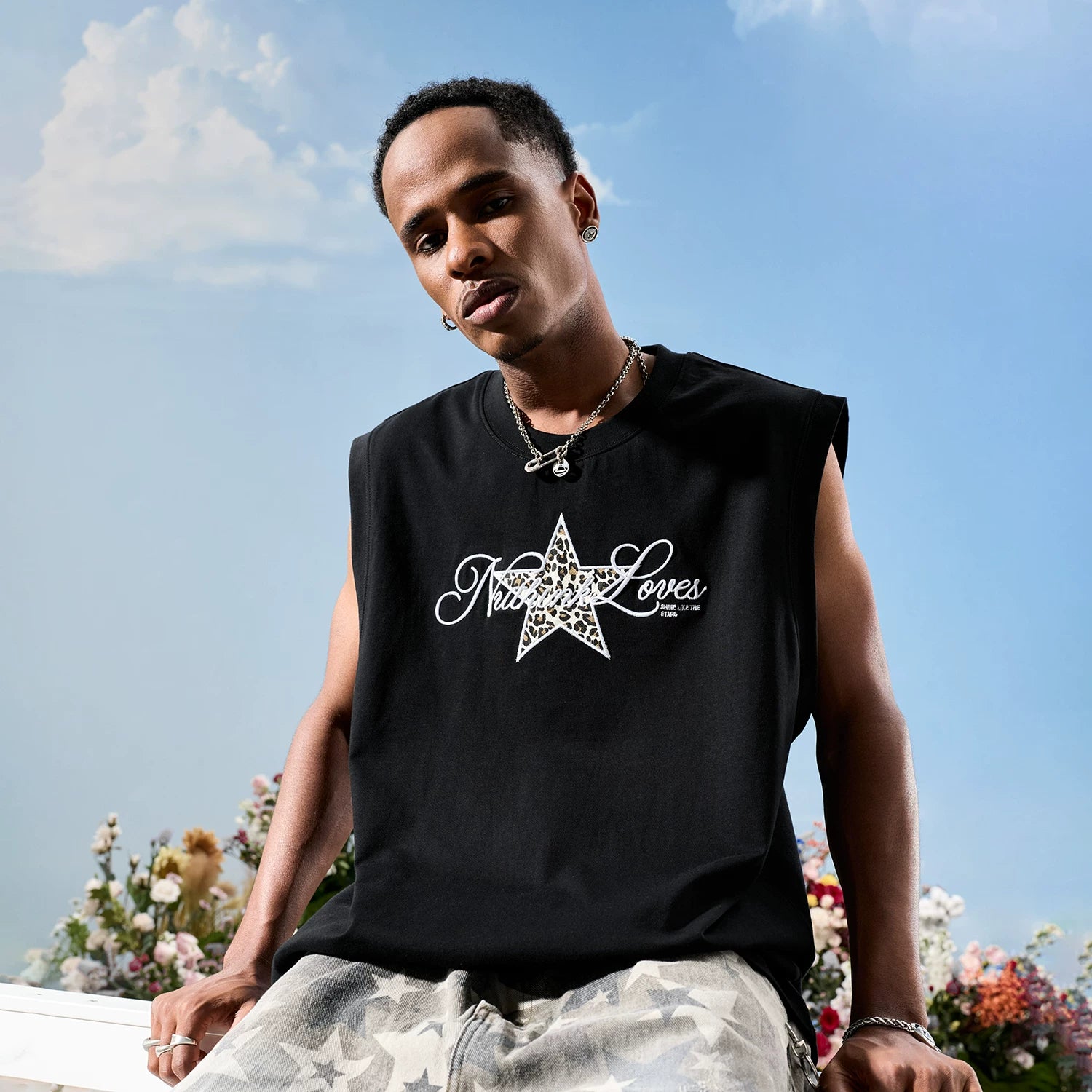 Nuthink American fashion brand sleeveless camisole with leopard print five pointed star embroidery for men and women, summer 2026 new item