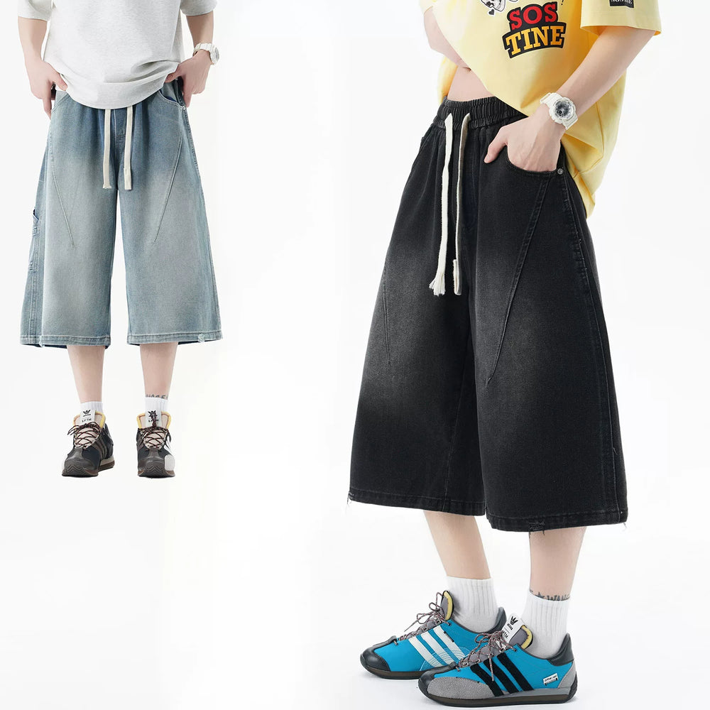Nuthink American retro straight leg denim shorts, cropped pants, trendy brand casual elastic men and women, 2026 summer new item