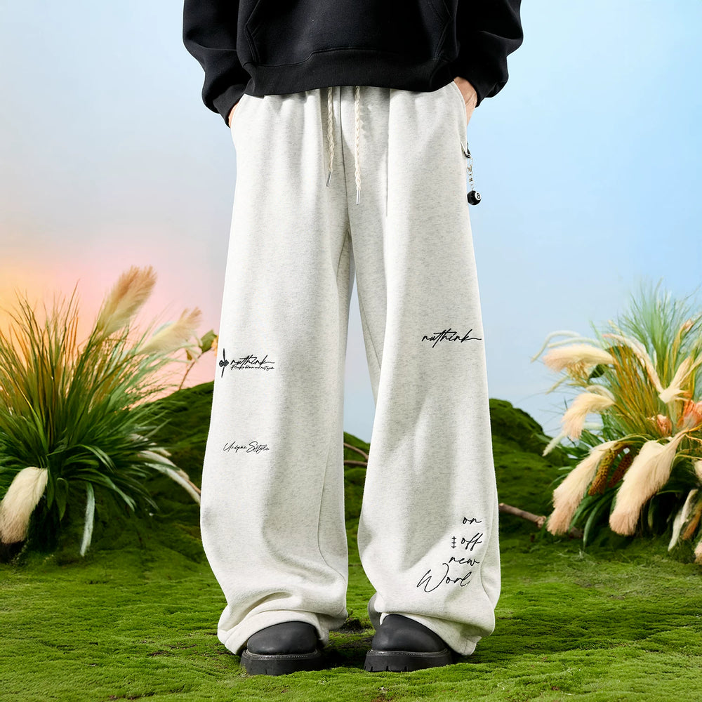Nuthink American fashion brand embroidered letter hanging sense sanitary pants with velvet pants wide leg pants for men, spring 2026