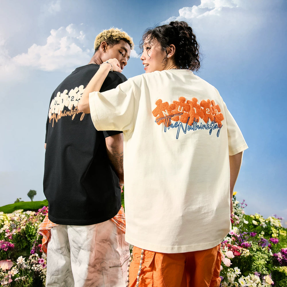 Nuthink American retro embroidered puzzle T-shirt men's short sleeved trendy brand contrasting dopamine women's 2026 summer new item
