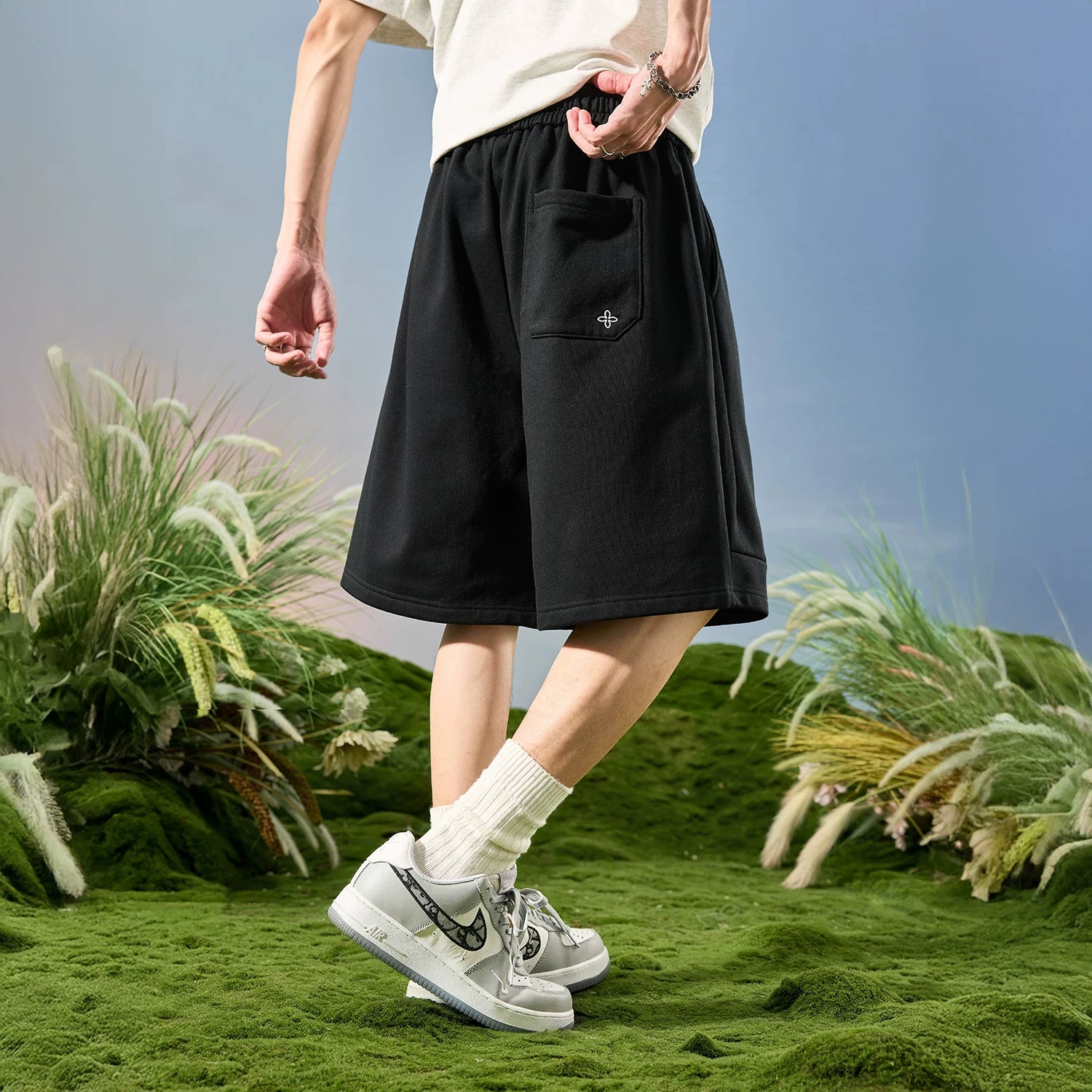 Nuthink American Retro Trendy Brand Wide Leg Loose Shorts Men's Mid Pants Embroidered 2026 New Summer