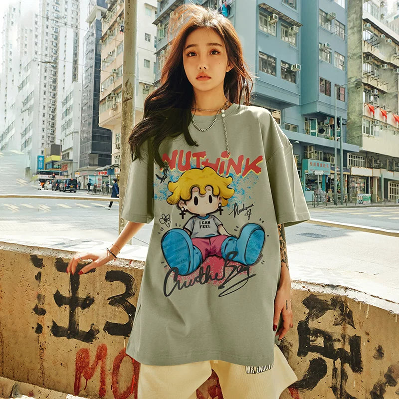 Nuthink American Trendy Cartoon T-shirt Men's Trendy Loose Short Sleeve Men's Summer Large Half Sleeve Couple Top