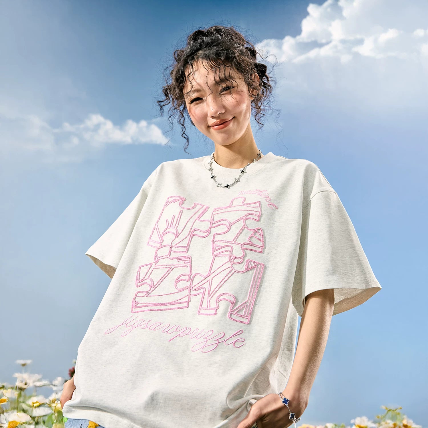 Nuthink American retro trendy brand dopamine embroidery puzzle short sleeved T-shirt for couples, summer 2026 new item