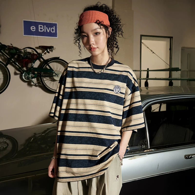 Nuthink American retro striped short sleeved T-shirt, couple's trendy half sleeved T-shirt, 2026 summer new item