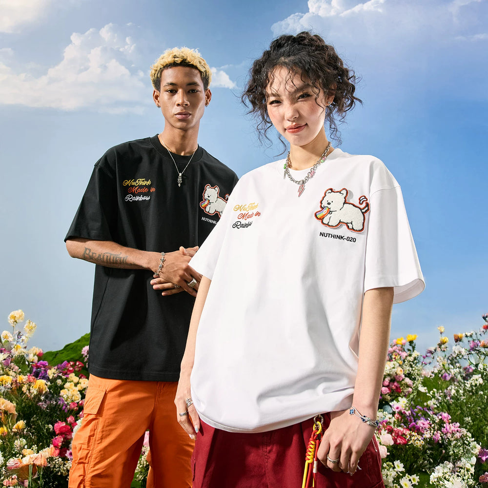 Nuthink American Trendy Dog T-shirt Embroidered Men's Short Sleeve Loose Couple Women 2026 Summer New Style