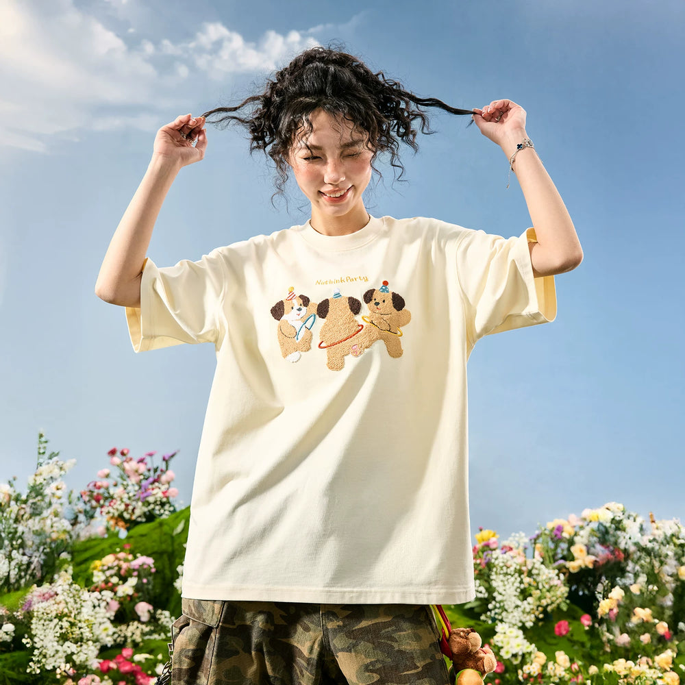 Nuthink American fashion brand embroidered puppy T-shirt short sleeved unisex couple cartoon 2026 summer new item