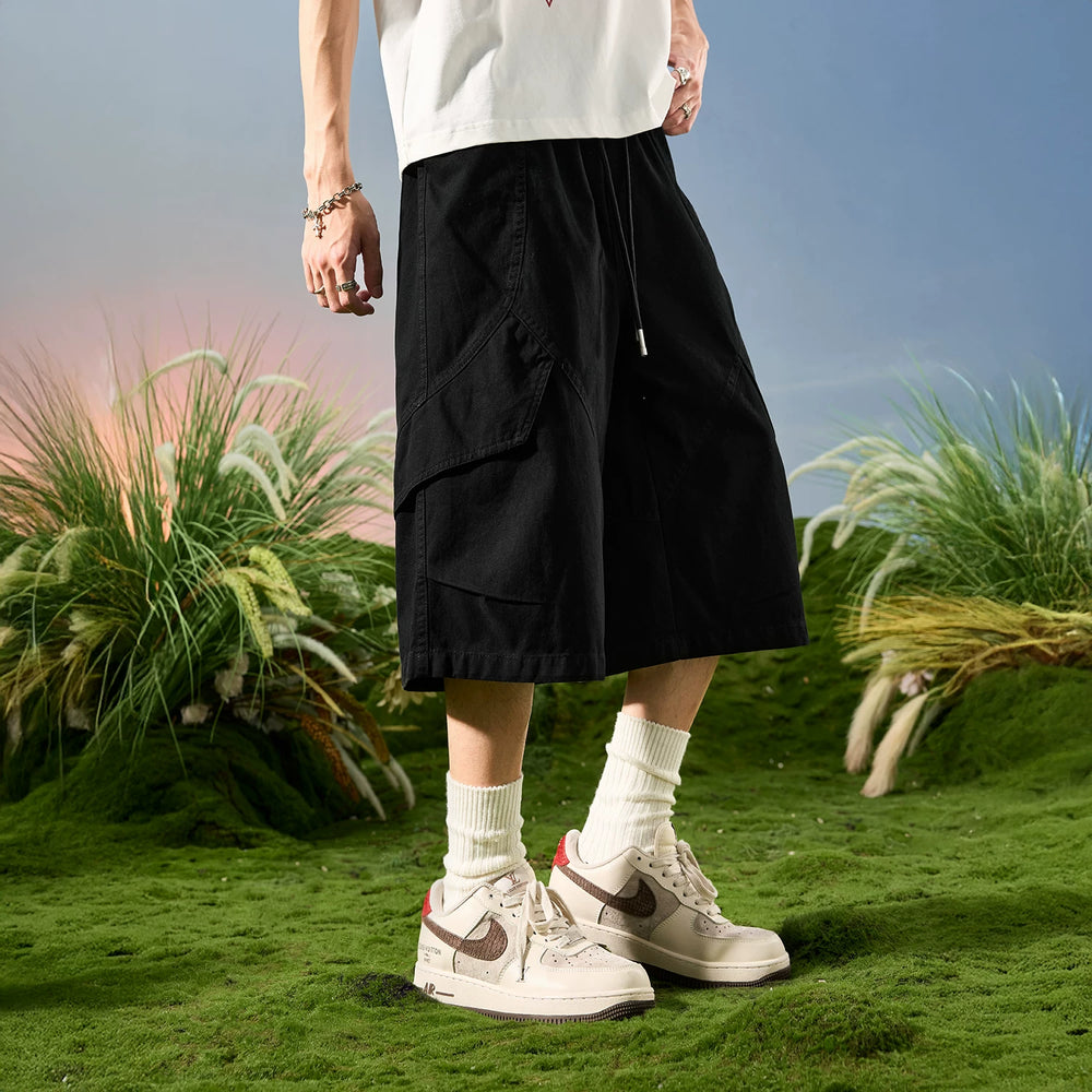 Nuthink American Trendy Brand Loose Wide Leg Seven Leg Splicing Multi Pocket Shorts for Men, 2026 New Summer Collection
