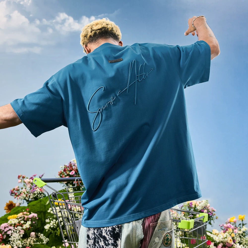 Nuthink American Trendy Brand Heavy duty Embroidered Letter T-shirt Men's Short Sleeve Retro Blue Women's 2026 Summer New Style