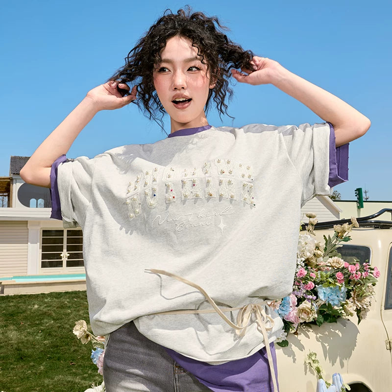 Nuthink Embroidered Pearl Heavy Short Sleeve T-shirt Trendy Brand Letter American Retro Loose Men and Women Summer 2026