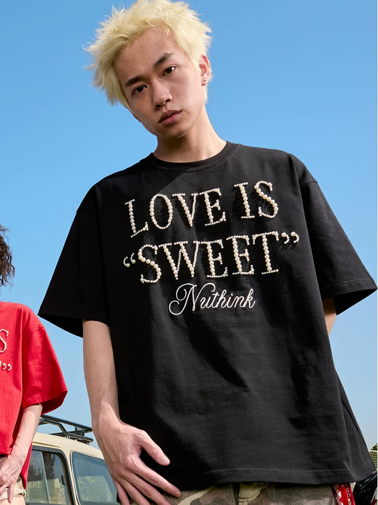 Nuthink American Retro T-shirt Heavy duty Cotton Embroidered Letter Short Sleeve unisex