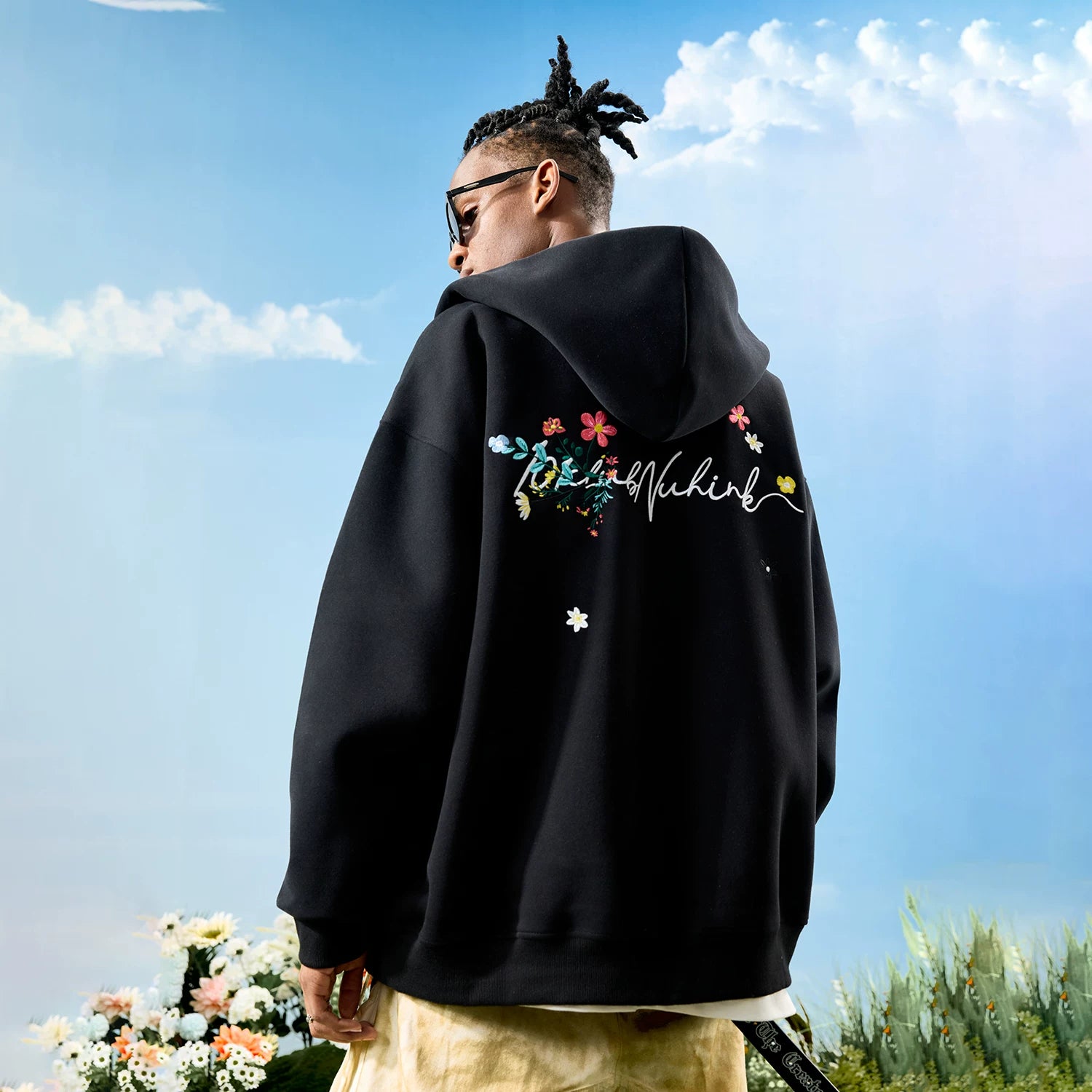 Nuthink American retro floral embroidery letter hooded cardigan, sweatshirt jacket, men's and women's new styles for spring 2026