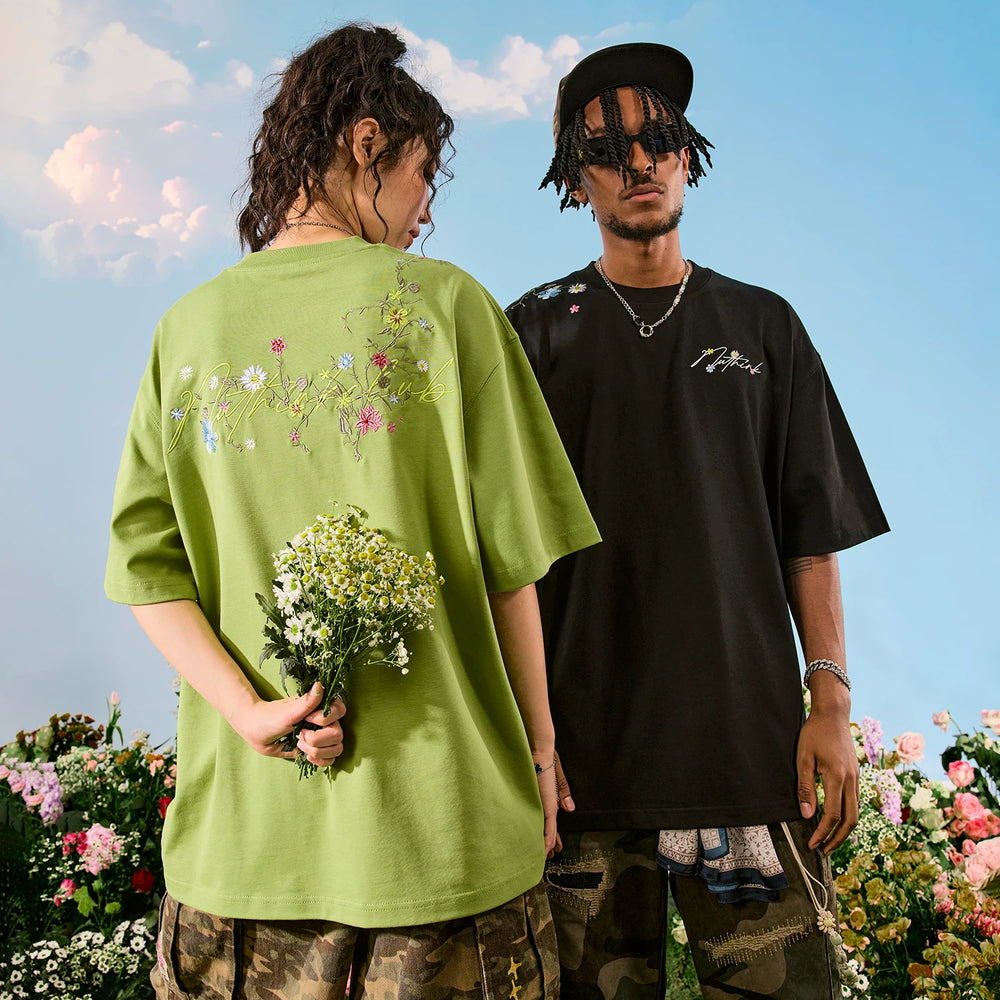 Nuthink American retro floral letter embroidery short sleeved trendy brand hip-hop T-shirt for couples new summer 2026