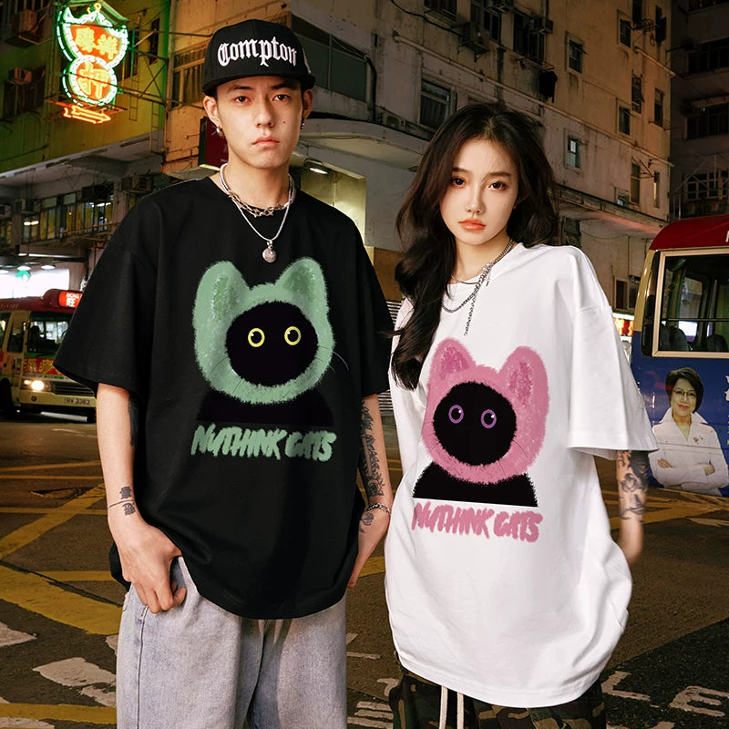 Nuthink China-Chic Loose Couple Cute Cartoon Cat T-shirt Short Sleeve Same for Men and Women Summer 2026