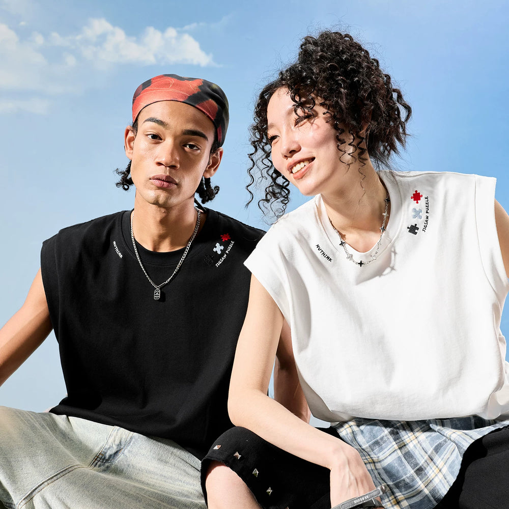 Nuthink American Trendy Brand Collar Embroidered Alphabet Puzzle Shoulder Sleeveless Tank Top Loose Men and Women 2026 New Style