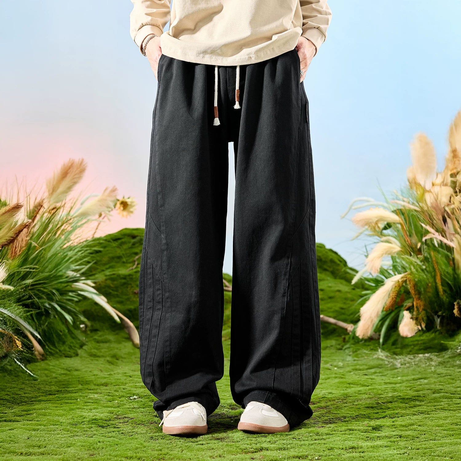 Nuthink American retro street splicing wide leg curved knife work pants with fleece pants for men, spring 2026