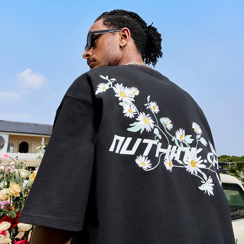 Nuthink Daisy Embroidered Letter Short Sleeve T-shirt American Retro Trendy Brand Couple Men and Women 2026 Summer New Collection