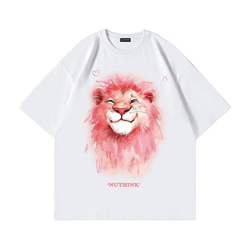 Nuthink heavyweight niche couple lion short sleeved men's summer American T-shirt trend loose oversized half sleeved top