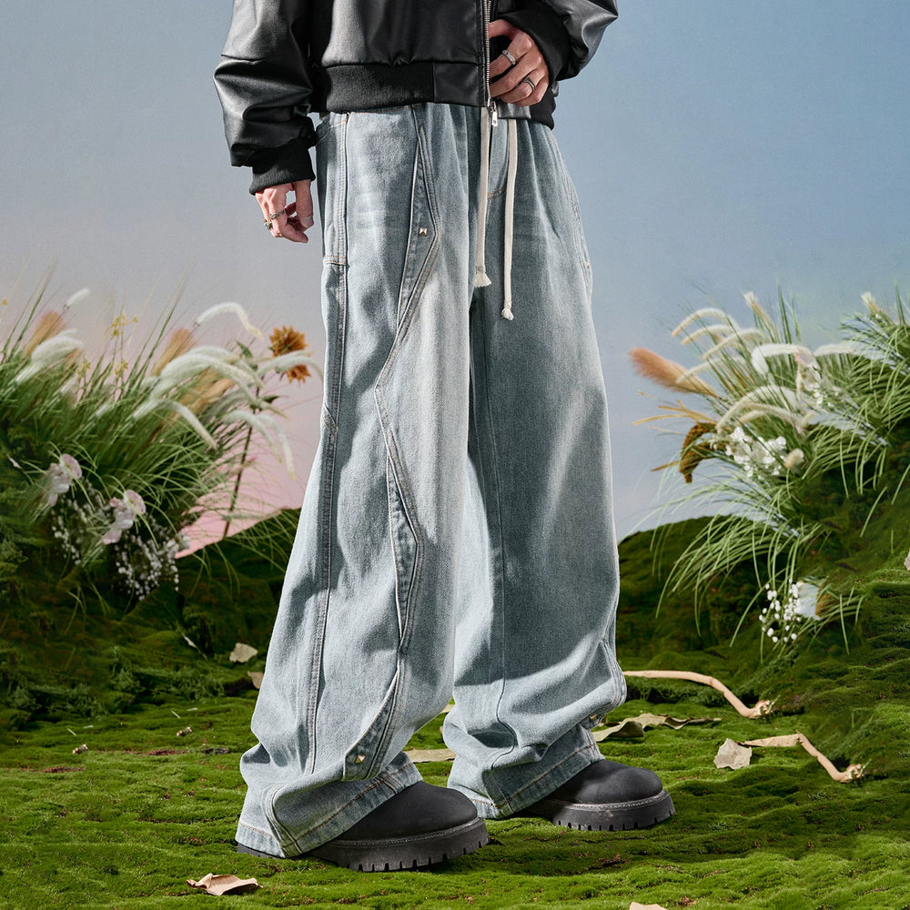 Nuthink American Retro Splicing Wide Leg Jeans, Washed and Used Crooked Pants, Men's Long Pants, Spring 2026