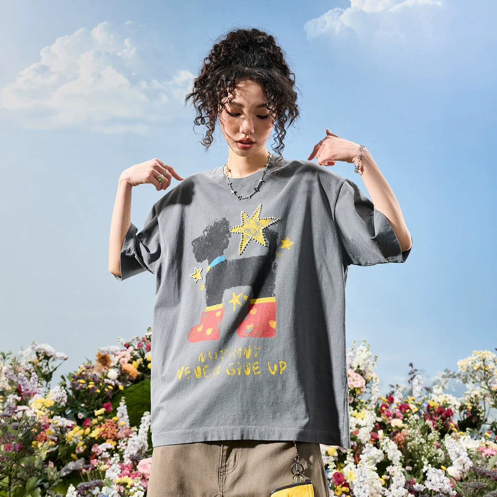 Nuthink American Trendy Brand Washed Graffiti Pearl Star Puppy Short sleeved T-shirt for Men and Women 2026 New Summer