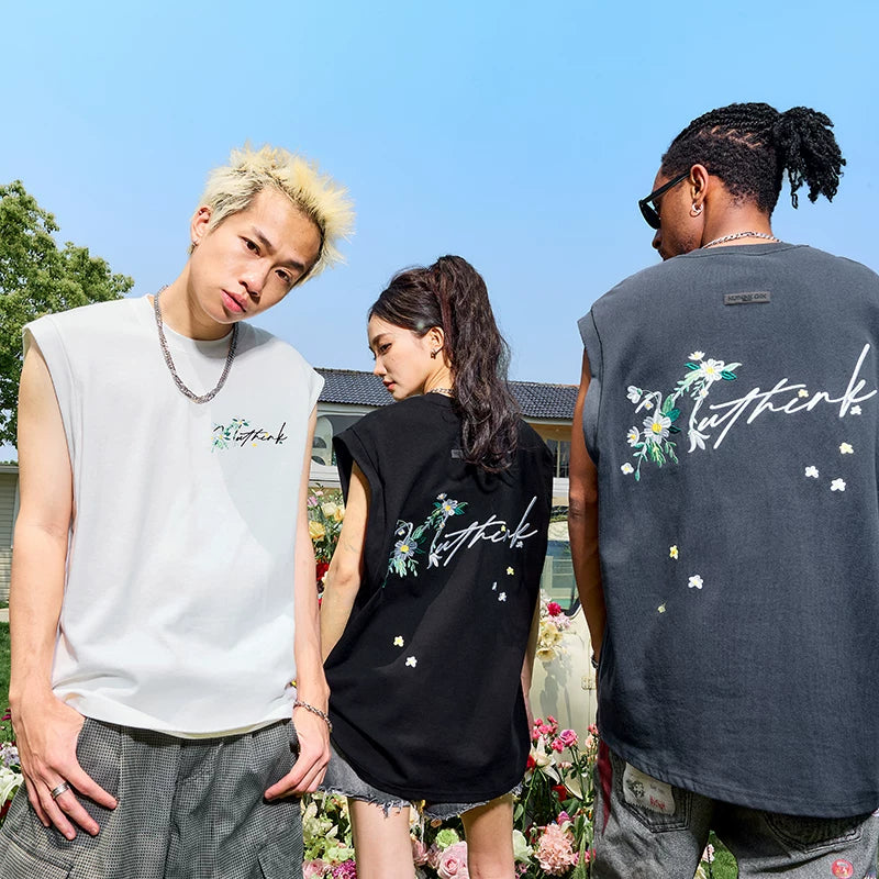 Nuthink Embroidered Flower Letter Tank Top American Retro Trendy Brand Loose Sleeveless Men's and Women's 2026 Summer New Collection