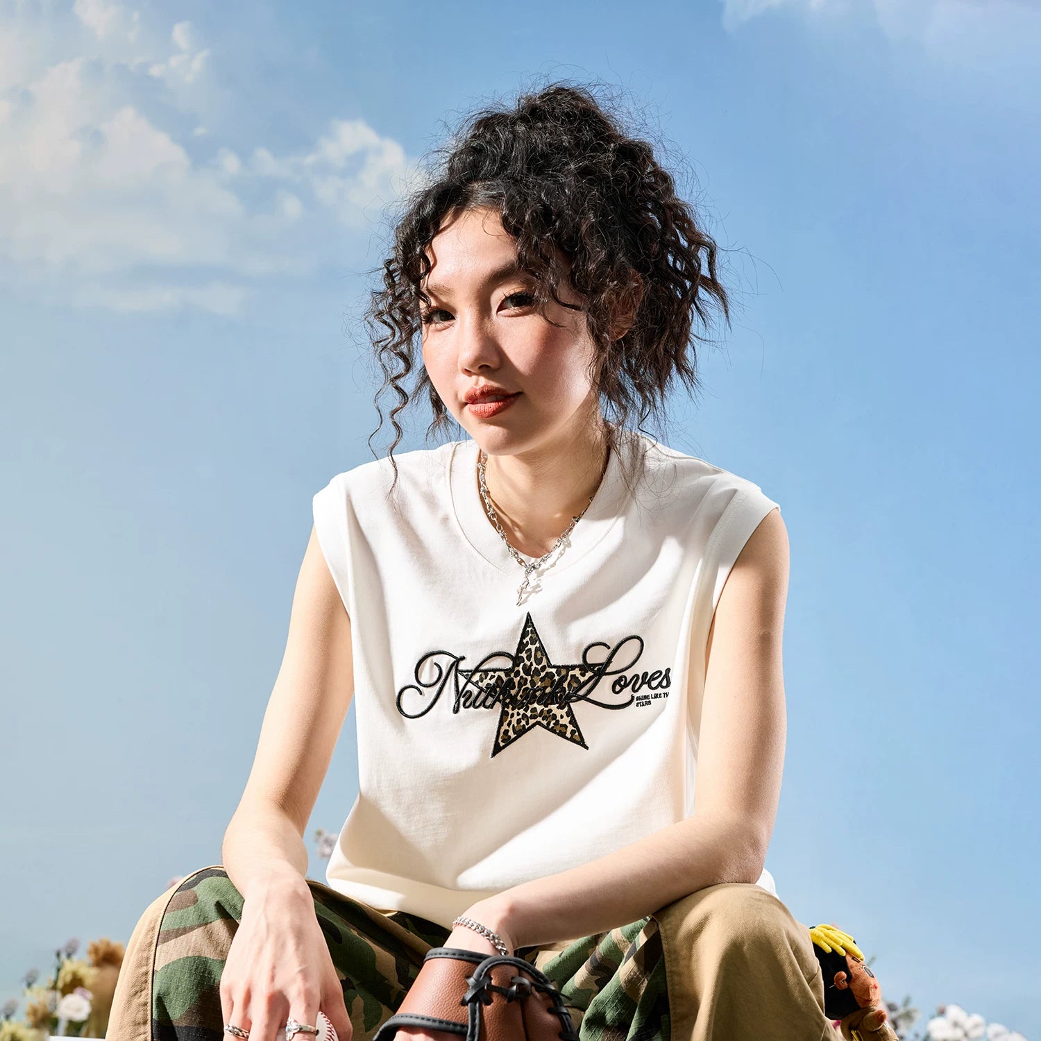 Nuthink American fashion brand sleeveless camisole with leopard print five pointed star embroidery for men and women, summer 2026 new item