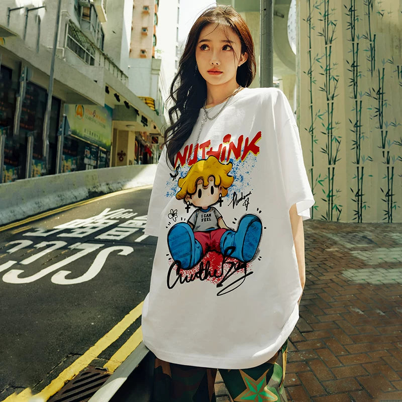 Nuthink American Trendy Cartoon T-shirt Men's Trendy Loose Short Sleeve Men's Summer Large Half Sleeve Couple Top
