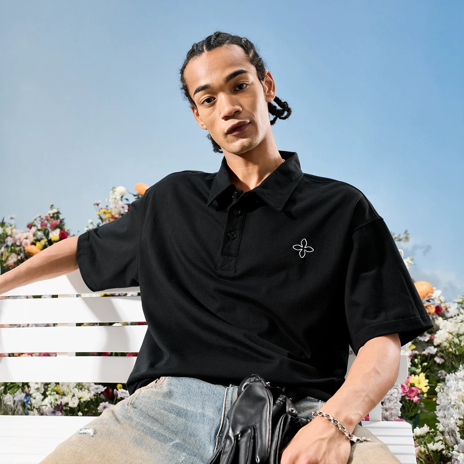 Nuthink American fashion brand simple embroidery four leaf clover polo shirt men's short sleeved loose women 2026 new summer