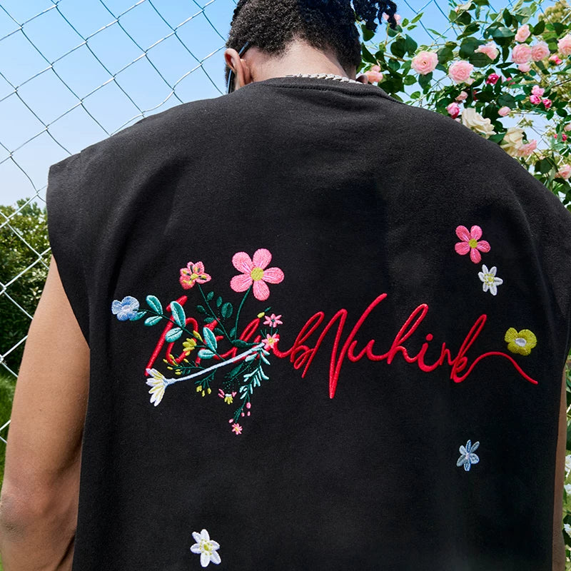 Nuthink Trendy Brand Heavy Flower Letter Embroidered Tank Top American Retro Sleeveless Men and Women's 2026 Summer New Product