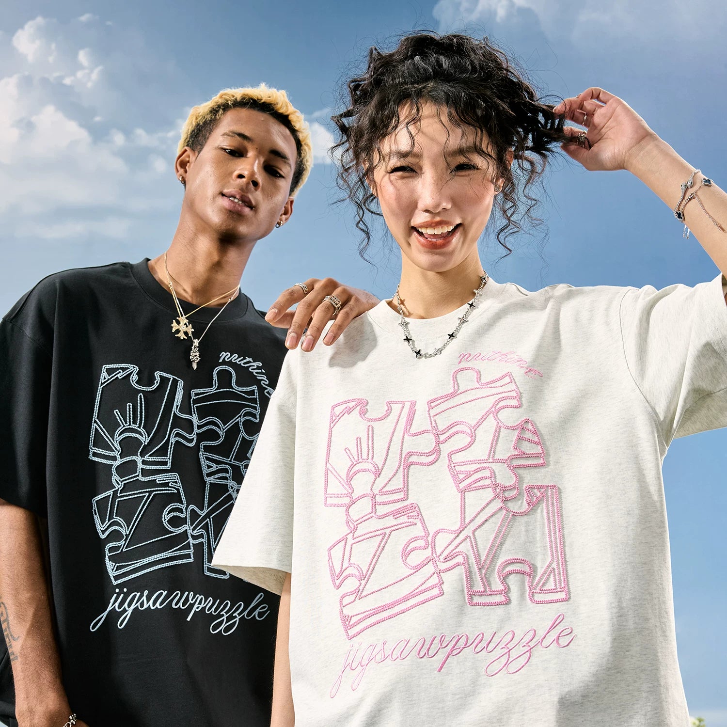 Nuthink American retro trendy brand dopamine embroidery puzzle short sleeved T-shirt for couples, summer 2026 new item