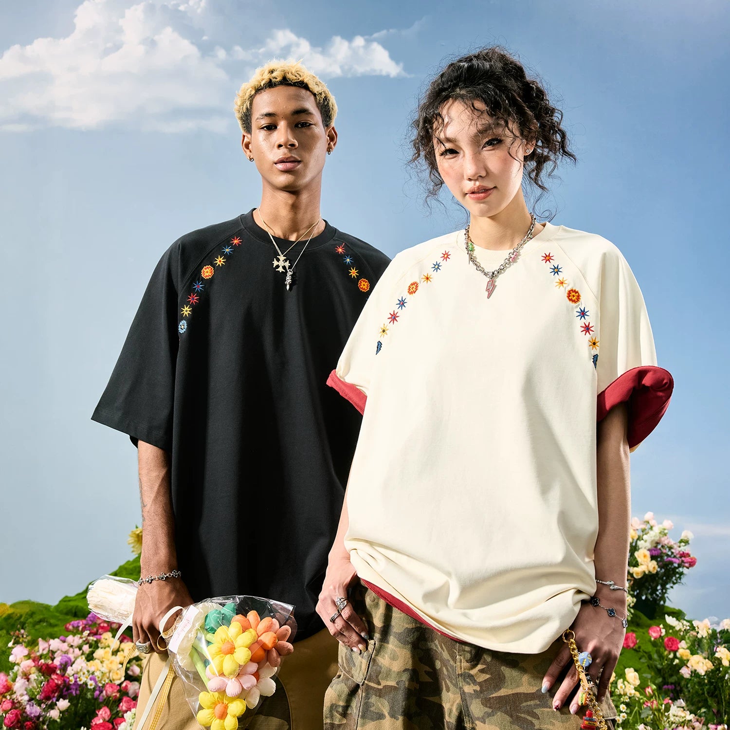 Nuthink American retro color floral embroidery T-shirt men's short sleeved T-shirt men's and women's 2026 summer new item