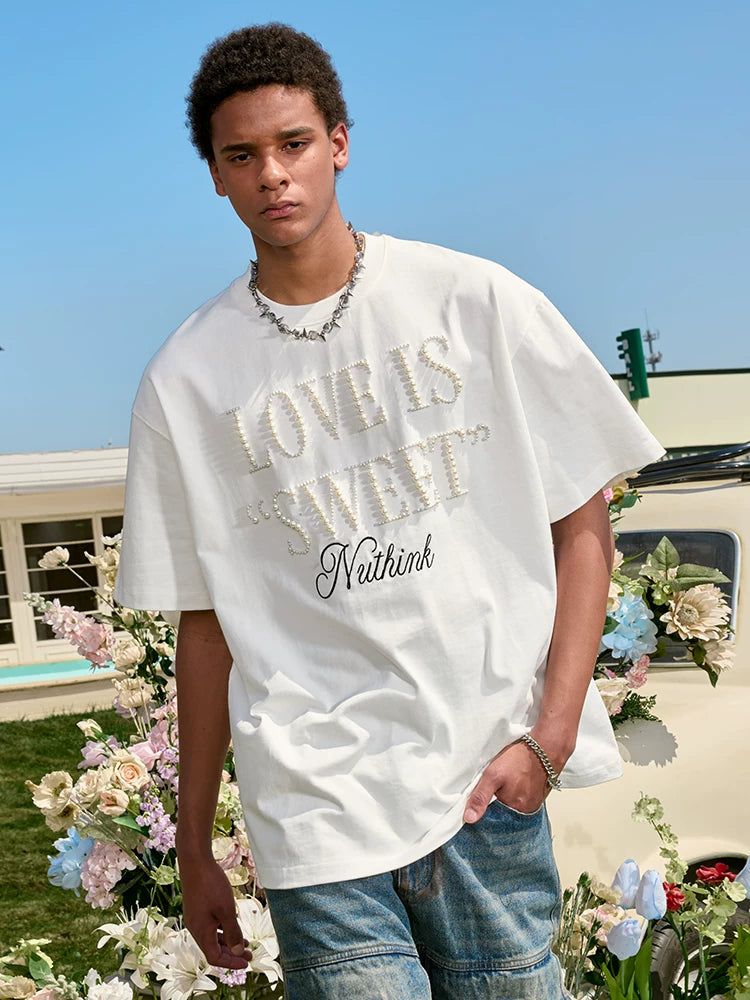 Nuthink American Retro T-shirt Heavy duty Cotton Embroidered Letter Short Sleeve unisex