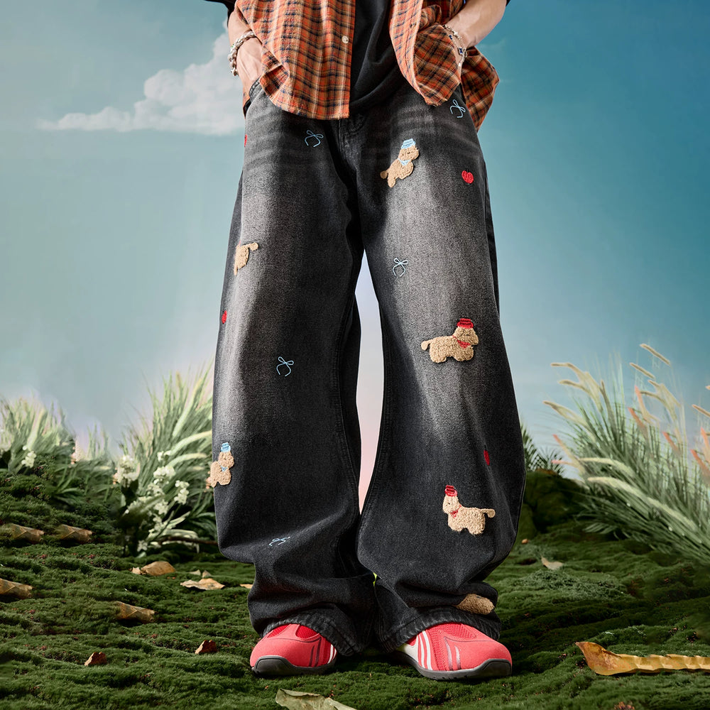 Nuthink American Embroidered Dog Jeans Washed Retro Plush Pants Men's Pants Spring 2026