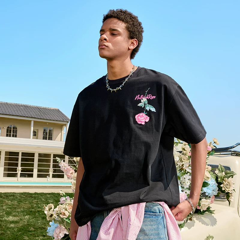 Nuthink Rose Embroidered Short Sleeve T-shirt Heavy American Half Sleeve Retro Loose Letter Men and Women Summer 2026