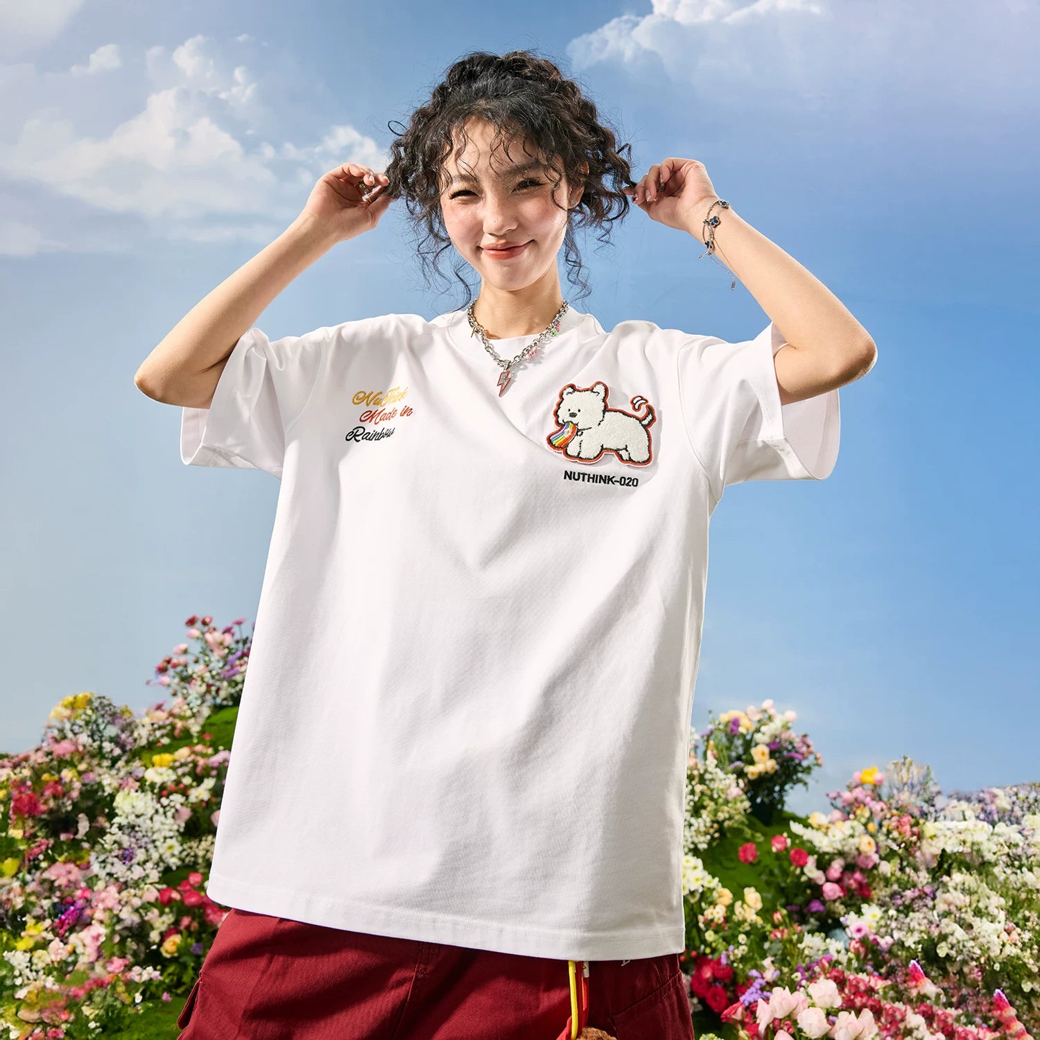 Nuthink American Trendy Dog T-shirt Embroidered Men's Short Sleeve Loose Couple Women 2026 Summer New Style