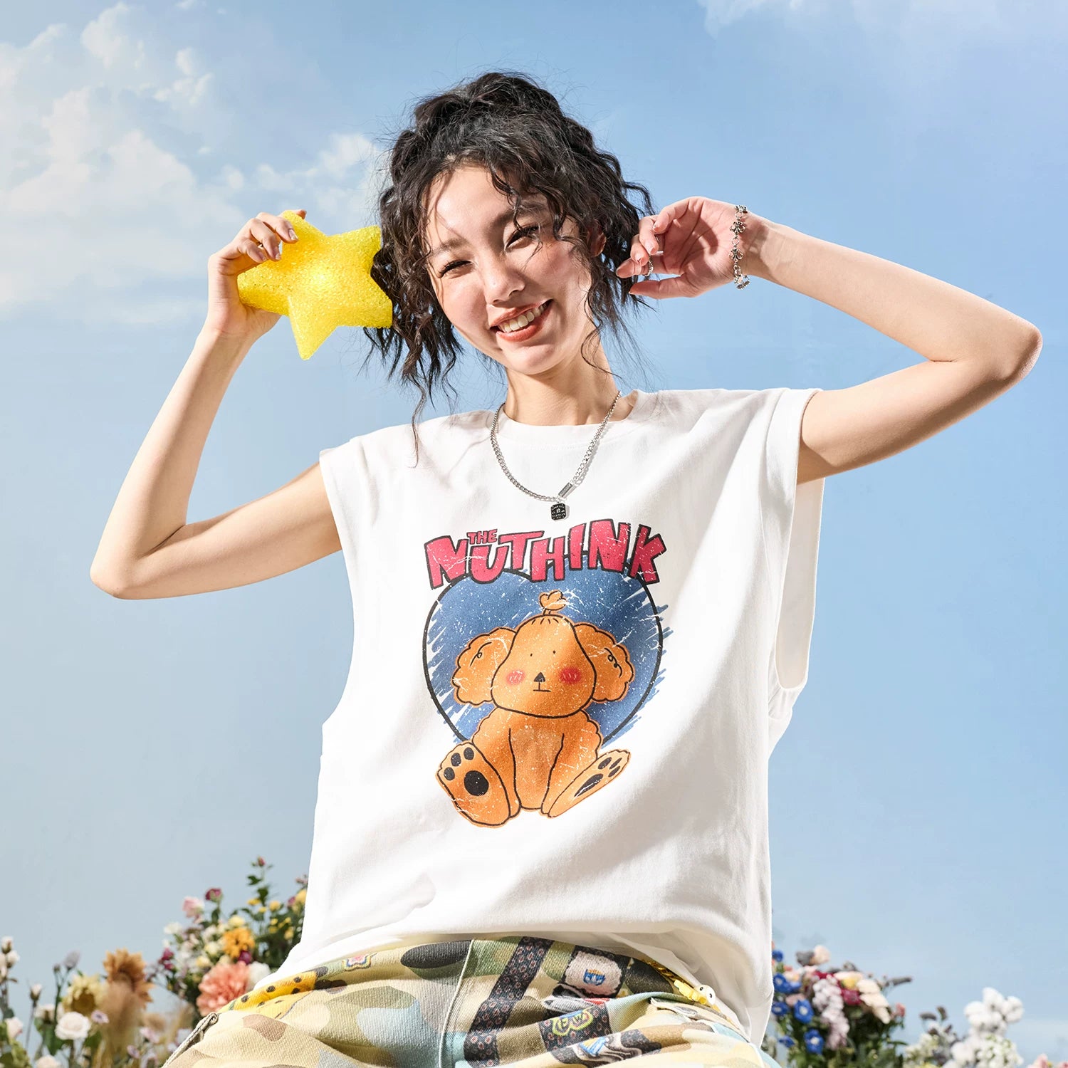Nuthink American retro hand-painted cartoon letter shoulder sleeveless vest loose men and women 2026 new summer