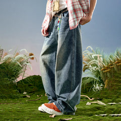 Nuthink American retro splashed ink wide leg jeans washed loose curved knife pants men's new style for spring 2026