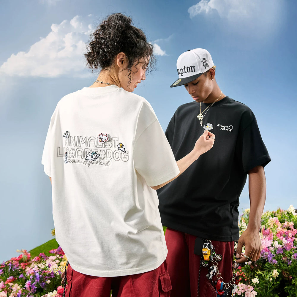 Nuthink American Trendy Brand Embroidered Dog Letter Short Sleeve T-shirt Cute Cartoon Men and Women 2026 Summer New Collection