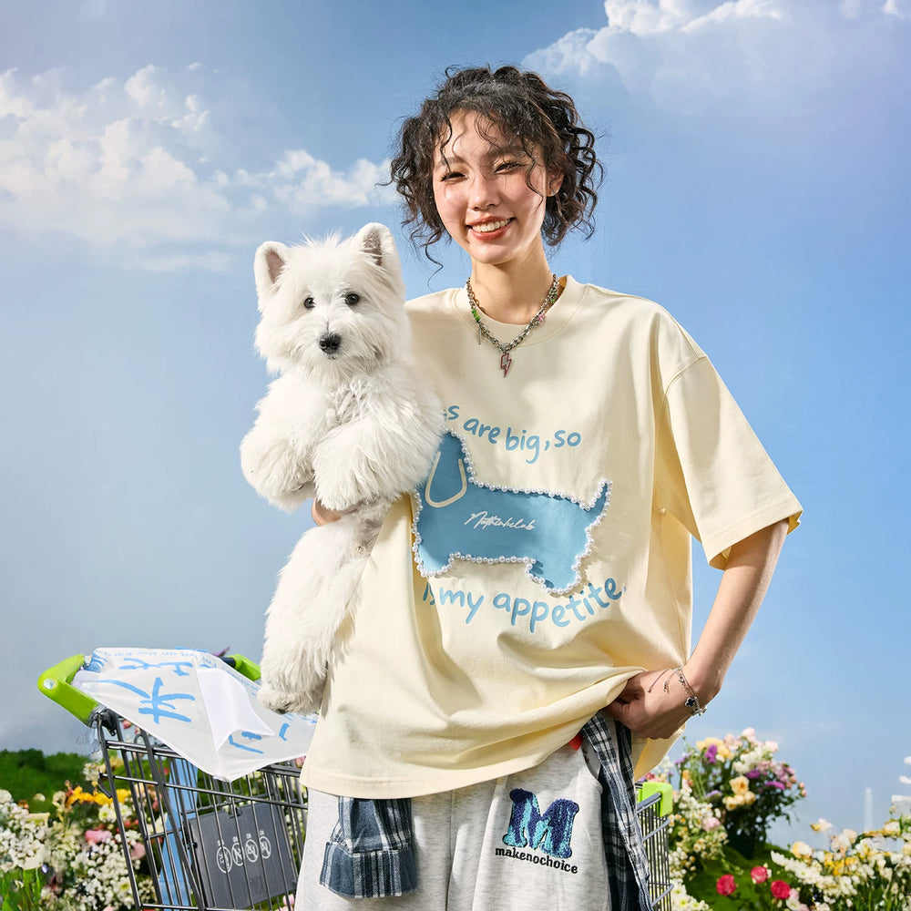 Nuthink American retro pearl puppy short sleeved T-shirt for men, trendy brand letter couple for women, 2026 summer new item