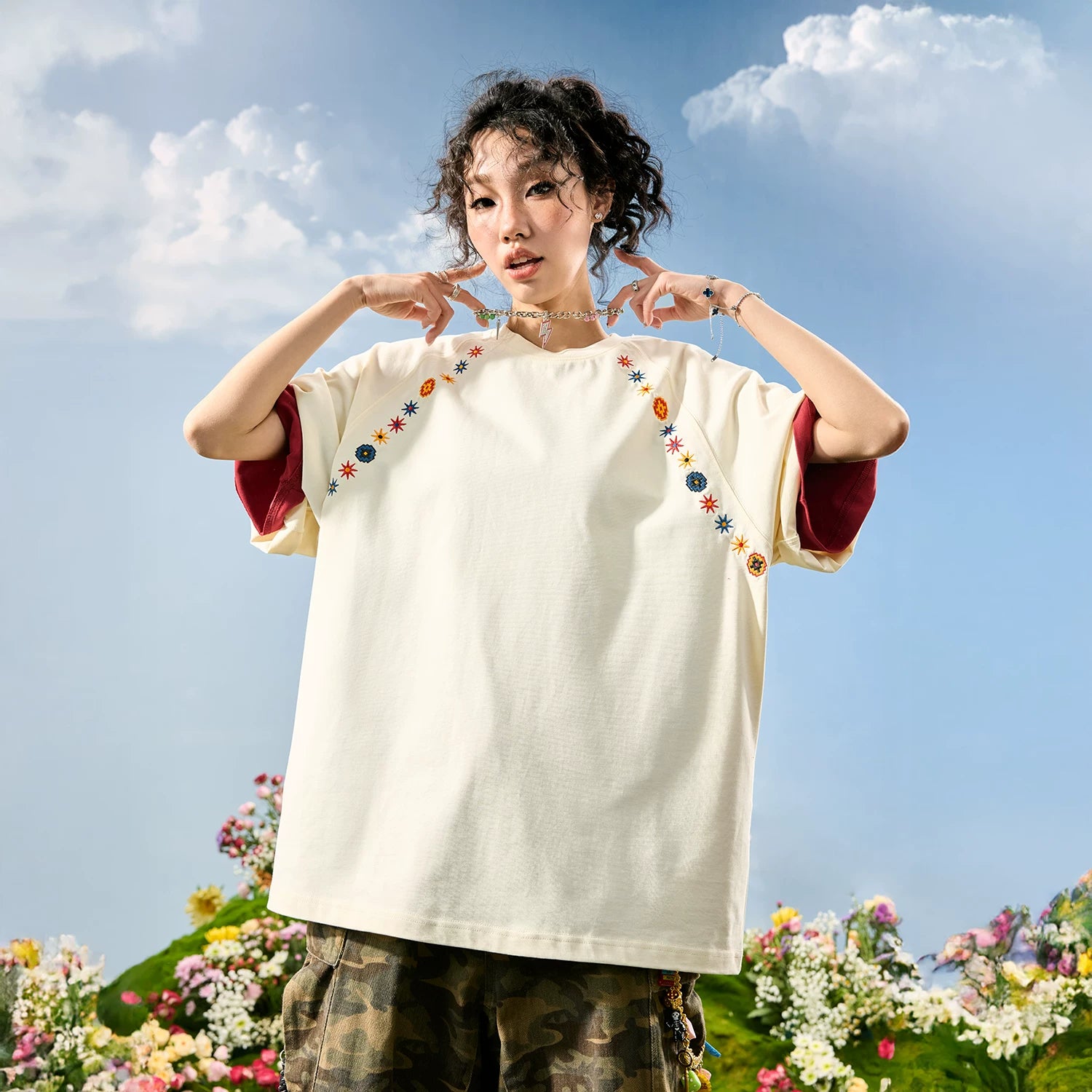 Nuthink American retro color floral embroidery T-shirt men's short sleeved T-shirt men's and women's 2026 summer new item