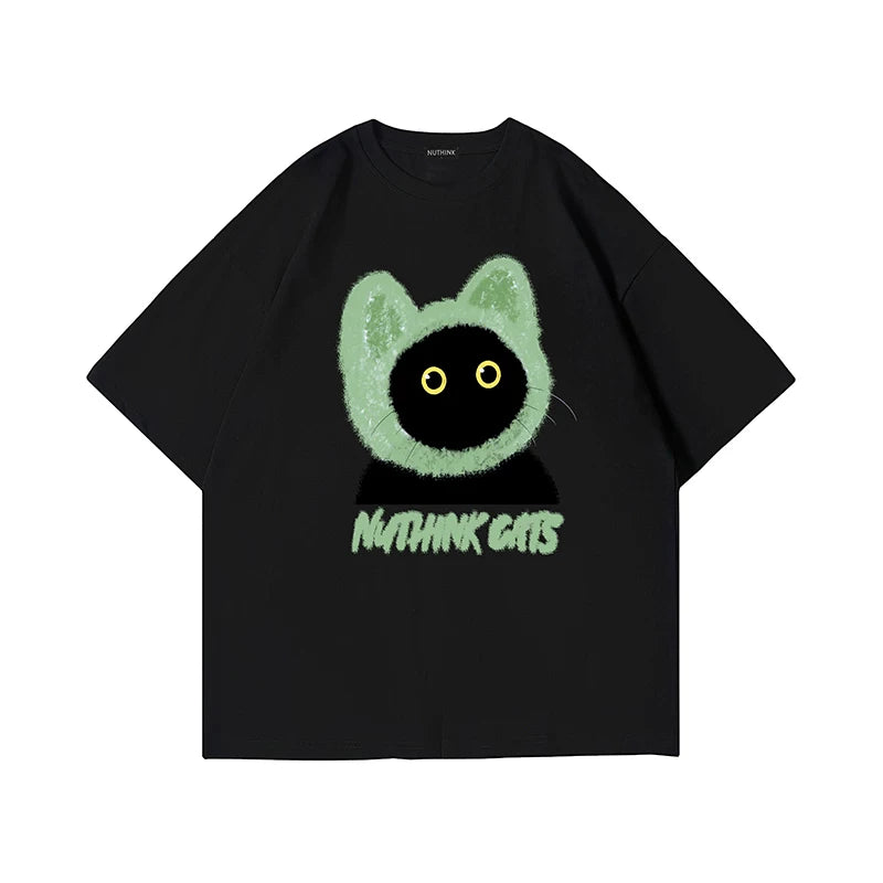 Nuthink China-Chic Loose Couple Cute Cartoon Cat T-shirt Short Sleeve Same for Men and Women Summer 2026