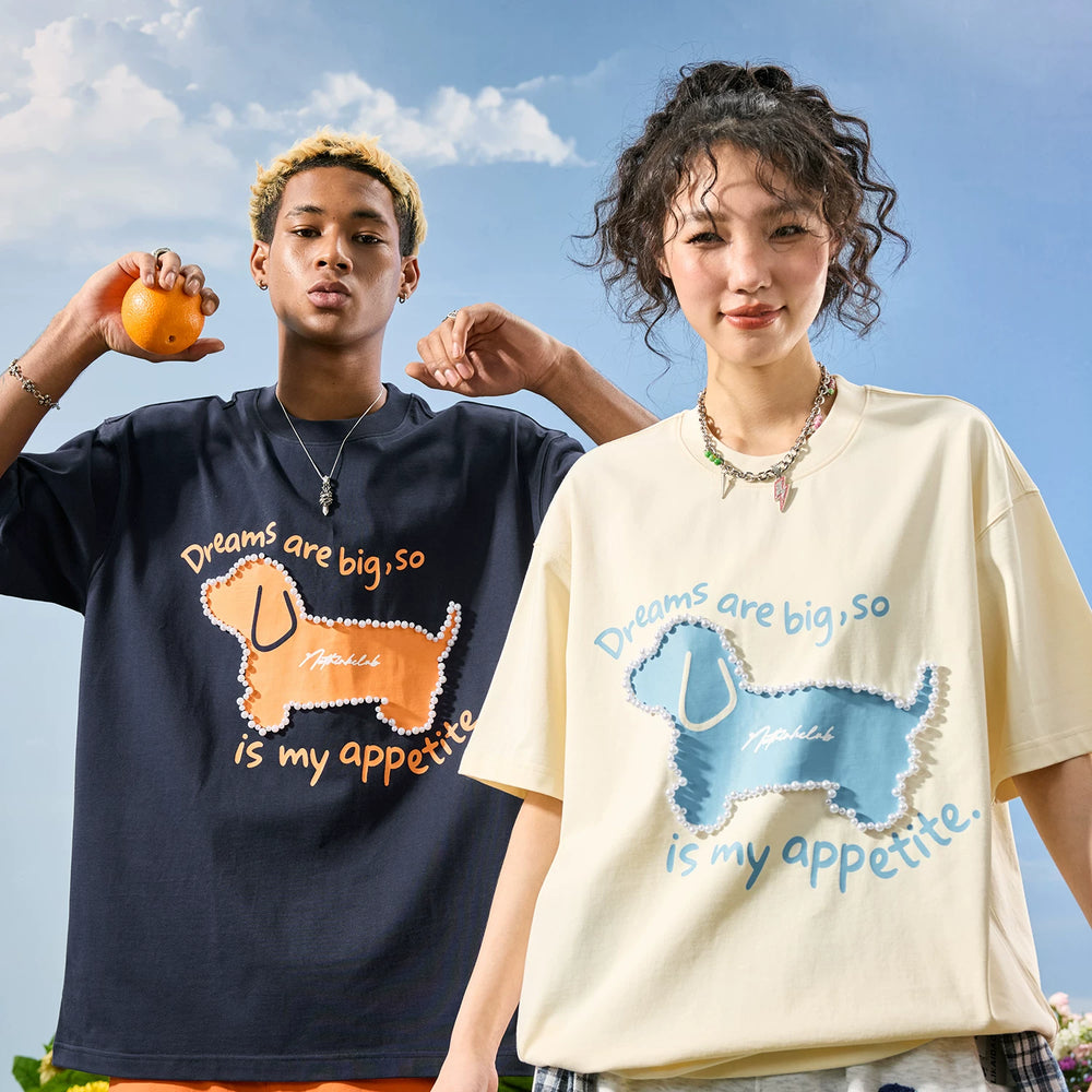 Nuthink American retro pearl puppy short sleeved T-shirt for men, trendy brand letter couple for women, 2026 summer new item